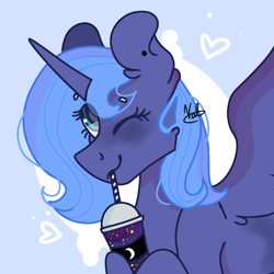 Size: 768x768 | Tagged: safe, artist:valkiria, derpibooru exclusive, imported from derpibooru, princess luna, alicorn, pony, cute, drink, drinking straw, ear piercing, earring, female, galaxy, horn, jewelry, looking at you, lunabetes, mare, milkshake, one eye closed, piercing, s1 luna, simple background, solo, stars, wings