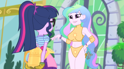 Size: 1920x1080 | Tagged: safe, artist:marcusvanngriffin, edit, edited screencap, imported from derpibooru, screencap, princess celestia, sci-twi, twilight sparkle, equestria girls, equestria girls series, my little shop of horrors, breasts, busty princess celestia, clothes, female, key, principal celestia, watering can, wrestler