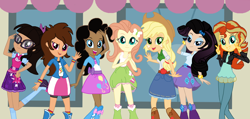 Size: 3000x1424 | Tagged: safe, artist:lynnthenerdkitty, imported from derpibooru, applejack, fluttershy, pinkie pie, rainbow dash, rarity, sci-twi, sunset shimmer, twilight sparkle, equestria girls, base used, clothes, female, glasses, group, happy, human coloration, humane five, humane seven, humane six, jacket, leggings, natural hair color, open mouth, shirt, shoes, skirt, smiling, socks, t-shirt, tanktop, waving, wristband