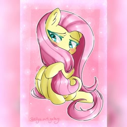 Size: 1080x1080 | Tagged: safe, artist:ellys.art.gallery, imported from derpibooru, fluttershy, pegasus, pony, my little pony: the movie, abstract background, blushing, female, mare, scene interpretation, signature, solo