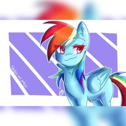 Size: 1080x1080 | Tagged: safe, artist:ellys.art.gallery, imported from derpibooru, rainbow dash, pegasus, pony, daring done?, abstract background, female, mare, scene interpretation, signature, smiling, smirk, solo, zoom layer