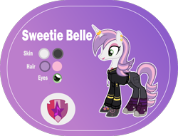 Size: 1400x1068 | Tagged: safe, artist:n0kkun, imported from derpibooru, sweetie belle, pony, unicorn, alternate hairstyle, bedroom eyes, belt, boots, clothes, commission, converse, cute, cutie mark, diasweetes, ear piercing, earring, eyeshadow, female, headcanon, hoodie, horn, horn ring, jeans, jewelry, lipstick, makeup, mare, older, older sweetie belle, pants, piercing, purple background, reference sheet, ring, shoes, simple background, socks, solo, striped socks, sweatshirt, tattoo, the cmc's cutie marks, transparent background