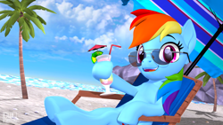 Size: 3840x2160 | Tagged: safe, artist:owlpirate, imported from derpibooru, rainbow dash, pegasus, pony, 3d, beach, beach chair, beach umbrella, chair, cloud, cocktail, cute, drink, drinking straw, female, looking at you, mare, ocean, palm tree, solo, source filmmaker, straw, sunglasses, tree, umbrella