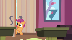 Size: 1920x1080 | Tagged: safe, imported from derpibooru, screencap, scootaloo, pegasus, pony, the big mac question, door, female, filly, foal, solo, spread wings, table, walking, wings