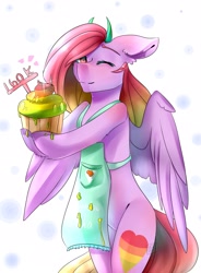 Size: 1590x2160 | Tagged: safe, artist:ellis_sunset, imported from derpibooru, oc, oc only, pegasus, pony, apron, bipedal, clothes, cupcake, eyes closed, food, hoof hold, horns, milestone, naked apron, pegasus oc, smiling, solo, wings