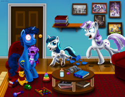 Size: 3300x2550 | Tagged: safe, artist:jac59col, imported from derpibooru, night light, shining armor, smarty pants, twilight sparkle, twilight velvet, pony, unicorn, abacus, angry, baby, baby bottle, baby pony, babylight sparkle, bloodshot eyes, book, bookshelf, broken glass, broken vase, brother and sister, chase, clothes, coco bandicoot, colt, colt shining armor, cosplay, costume, crash bandicoot, crash bandicoot (series), crying, crylight sparkle, diaper, family, father and child, father and daughter, female, filly, foal, imminent spanking, last resort, male, mare, mother and child, mother and son, mud, pacifier, papa roach, parent and child, parenting, picture frame, red eyes, siblings, sleepy, stallion, time paradox, toy, vase, winnie the pooh, younger