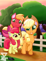 Size: 2600x3496 | Tagged: safe, artist:theretroart88, imported from derpibooru, apple bloom, applejack, big macintosh, earth pony, pony, adorabloom, apple siblings, apple sisters, applebetes, brother and sister, cute, female, fence, filly, freckles, high res, jackabetes, macabetes, male, raised hoof, rock, siblings, sisters, stallion, sunset, sweet dreams fuel, tree