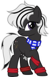 Size: 1510x2359 | Tagged: safe, artist:lightning stripe, derpibooru exclusive, imported from derpibooru, oc, oc only, oc:katyusha, earth pony, pony, black and white mane, black coat, clothes, commission, cutie mark, female, hair over one eye, mare, purple eyes, scarf, show accurate, simple background, solo, striped scarf, transparent background, vector, white hair, white mane, wristband