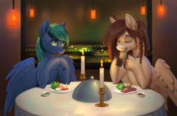 Size: 1920x1257 | Tagged: safe, artist:jotun22, imported from derpibooru, oc, oc only, oc:ender, oc:ondrea, pegasus, pony, candle, cute, date, eating, ender's herd, food, indoors, nervous, romance, romantic, sandwich