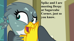 Size: 1280x720 | Tagged: safe, edit, edited screencap, imported from derpibooru, screencap, gabby, dragon dropped, cute, gabbybetes, implied derpy, implied spike, speech, talking