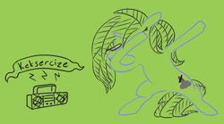 Size: 1265x703 | Tagged: safe, artist:cutelyra, artist:gamedevanon, artist:jargon scott, imported from derpibooru, oc, oc only, oc:stormy blues, pony, unicorn, boombox, dab, female, green background, kek, mare, onomatopoeia, radio, simple background, solo, sound effects