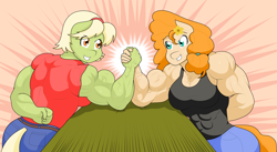 Size: 3613x1985 | Tagged: safe, artist:matchstickman, imported from derpibooru, granny smith, pear butter, anthro, earth pony, arm wrestling, breasts, busty pear butter, clothes, digital art, female, granny smash, grin, gritted teeth, matchstickman's pear buffer series, muscles, muscular female, pear buffer, smiling, sweat, vein, vein bulge, young granny smith, younger