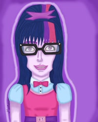 Size: 1080x1345 | Tagged: safe, alternate version, artist:mari_artsss, imported from derpibooru, sci-twi, twilight sparkle, equestria girls, bust, clothes, creepy, female, solo, uncanny valley