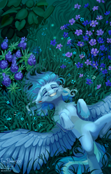 Size: 1589x2493 | Tagged: safe, artist:teaflower300, imported from derpibooru, oc, oc only, pegasus, pony, chest fluff, eyes closed, floppy ears, flower, happy, hooves to the chest, lying, lying down, lying in grass, on back, solo