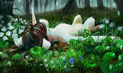 Size: 2433x1451 | Tagged: safe, artist:teaflower300, imported from derpibooru, oc, oc only, pony, unicorn, chest fluff, flower, forest, horn, lying, lying down, lying in grass, on back, rain, scenery, scenery porn, solo, tree, water