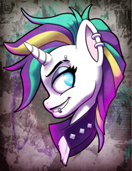 Size: 1078x1394 | Tagged: safe, artist:zombieapple224, imported from derpibooru, rarity, pony, unicorn, abstract background, alternate hairstyle, bust, chest fluff, clothes, ear piercing, eyebrow piercing, eyebrow slit, eyebrow slits, eyebrows, female, grin, lip piercing, looking back, mare, piercing, portrait, punk, raripunk, smiling, solo