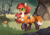 Size: 4300x3000 | Tagged: safe, artist:dreamweaverpony, imported from derpibooru, oc, oc:artistic palete, oc:kitt nips, fox, fox pony, hybrid, original species, pony, unicorn, belly riding, brush tail, chest fluff, female, filly, forest, hug, nom, pale belly