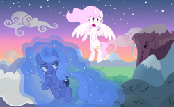 Size: 2274x1398 | Tagged: safe, artist:stellamoonshine, artist:stellamoonshineyt, imported from derpibooru, princess celestia, princess luna, alicorn, pony, unicorn, duo, flying, levitation, magic, pink-mane celestia, s1 luna, self-levitation, telekinesis, unicorn luna