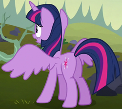 Size: 1180x1063 | Tagged: safe, imported from derpibooru, screencap, twilight sparkle, alicorn, pony, the hooffields and mccolts, butt, cropped, female, plot, solo, spread wings, twibutt, twilight sparkle (alicorn), wings