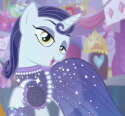 Size: 1290x1195 | Tagged: safe, imported from derpibooru, screencap, lily love, moonlight raven, pony, unicorn, canterlot boutique, background pony, clothes, cropped, dress, female, lidded eyes, mare, mirror, over the moon, shoes, smiling, solo, solo focus, when she smiles