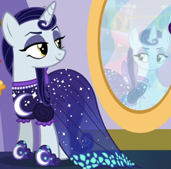 Size: 1220x1199 | Tagged: safe, imported from derpibooru, screencap, moonlight raven, pony, unicorn, canterlot boutique, clothes, cropped, dress, female, lidded eyes, mare, mirror, over the moon, reflection, smiling, solo, when she smiles