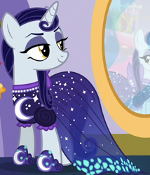 Size: 1020x1193 | Tagged: safe, imported from derpibooru, screencap, moonlight raven, pony, unicorn, canterlot boutique, clothes, cropped, dress, female, lidded eyes, mare, mirror, over the moon, smiling, solo, when she smiles