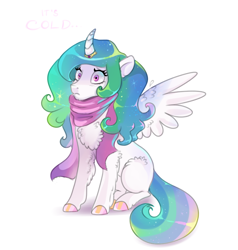 Size: 4000x4200 | Tagged: safe, artist:mylittlegodzilla, imported from derpibooru, princess celestia, alicorn, pony, chest fluff, clothes, colored hooves, cute, cutelestia, female, mare, missing accessory, missing cutie mark, scarf, simple background, sitting, solo, text, white background, wings