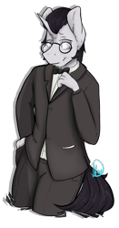 Size: 1156x2200 | Tagged: safe, artist:daniefox, imported from derpibooru, oc, oc only, oc:art de triomphe, anthro, unicorn, anthro oc, bowtie, clothes, glasses, male, simple background, solo, stallion, suit, transparent background, tuxedo