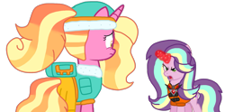 Size: 2071x1024 | Tagged: safe, artist:徐詩珮, imported from derpibooru, luster dawn, oc, oc:sunbeam glimmer, bubbleverse, everest (paw patrol), magical lesbian spawn, next generation, offspring, parent:starlight glimmer, parent:sungold, parents:sunglimmer, paw patrol, simple background, transparent background