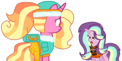 Size: 2034x1029 | Tagged: safe, artist:徐詩珮, imported from derpibooru, luster dawn, oc, oc:sunbeam glimmer, bubbleverse, everest (paw patrol), magical lesbian spawn, next generation, offspring, parent:starlight glimmer, parent:sungold, parents:sunglimmer, paw patrol, simple background, transparent background