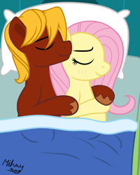 Size: 3974x4957 | Tagged: safe, artist:mihay, artist:mihaynoms, imported from derpibooru, fluttershy, oc, oc:soul harmony, pony, bed, blushing, commission, preggoshy, pregnant, romantic, shipping, snuggling, soulshy