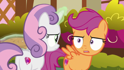 Size: 1920x1080 | Tagged: safe, imported from derpibooru, screencap, scootaloo, sweetie belle, the big mac question, annoyed, food, looking at each other, open mouth, pie, shocked