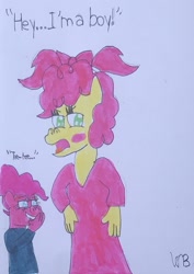 Size: 906x1280 | Tagged: safe, artist:whistle blossom, imported from derpibooru, li'l cheese, pinkie pie, anthro, earth pony, bow, clothes, colt, crossdressing, cute, dialogue, dress, duo, duo female, duo male and female, female, femboy, filly, foal, giggling, hair bow, li'l cuteese, male, mare, muffled laughter, older, older pinkie pie, pigtails, signature, simple background, traditional art, white background