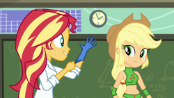 Size: 1280x720 | Tagged: safe, artist:marcusvanngriffin, edit, edited screencap, imported from derpibooru, screencap, applejack, sunset shimmer, equestria girls, friendship games, the science of magic, belly button, clothes, female, gloves, lab coat, medical gloves, rubber gloves, sunset the science gal, wrestler