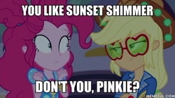 Size: 600x337 | Tagged: safe, edit, edited screencap, imported from derpibooru, screencap, applejack, pinkie pie, equestria girls, equestria girls series, sunset's backstage pass!, spoiler:eqg series (season 2), caption, duo, female, geode of sugar bombs, image macro, implied lesbian, implied sunset shimmer, implied sunsetpie, just one bite, lesbian, magical geodes, memeful.com, pinkie loves bacon bits, shipping, spongebob squarepants, sunsetpie, text, you like krabby patties don't you squidward?