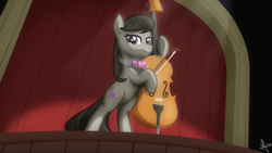 Size: 1920x1080 | Tagged: safe, artist:whitequartztheartist, imported from derpibooru, octavia melody, earth pony, pony, background pony, bow (instrument), cello, female, mare, musical instrument, solo, stage, theater