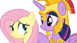 Size: 1024x574 | Tagged: safe, artist:shutterflyeqd, imported from derpibooru, fluttershy, twilight sparkle, alicorn, pony, scare master, armor, athena sparkle, clothes, costume, duo, female, mare, simple background, transparent background, twilight sparkle (alicorn), vector