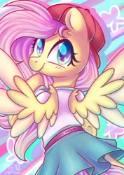 Size: 1280x1811 | Tagged: safe, artist:musicfirewind, artist:wavecipher, imported from derpibooru, fluttershy, pegasus, pony, 90s grunge fluttershy, baseball cap, cap, clothes, cute, female, gameloft, gameloft interpretation, hat, shyabetes, skirt, solo