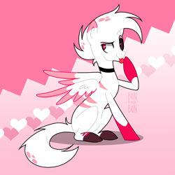 Size: 4000x4000 | Tagged: safe, artist:bonpikabon, imported from derpibooru, arachnid, demon, demon pony, pegasus, pony, spider, spiderpony, :p, angel dust, angel dust (hazbin hotel), choker, crossover, femboy, hazbin hotel, heterochromia, male, one eye closed, ponified, raised hoof, sitting, solo, spider demon, stallion, tongue out, trap, wink