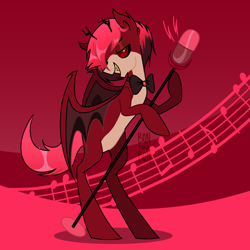 Size: 4000x4000 | Tagged: safe, artist:bonpikabon, imported from derpibooru, bat pony, deer, deer pony, demon, demon pony, original species, pony, wendigo, alastor, bedroom eyes, bipedal, bowtie, crossover, deer demon, grin, hazbin hotel, male, microphone, ponified, radio demon, raised hoof, smiling, solo, stallion, wendigo pony