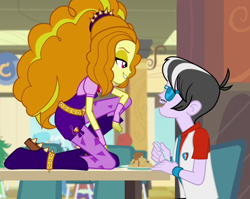 Size: 898x714 | Tagged: safe, edit, edited screencap, imported from derpibooru, screencap, adagio dazzle, bright idea, drama letter, ringo, starlight, starshine, sweet leaf, trixie, watermelody, equestria girls, rainbow rocks, adagringo, cafeteria, canterlot high, cropped, female, flirting, male, seductive look, shipping fuel, straight