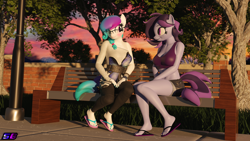 Size: 5120x2880 | Tagged: safe, artist:shadowboltsfm, imported from derpibooru, oc, oc only, oc:aurora starling, oc:raven storm, anthro, earth pony, plantigrade anthro, 3d, absurd resolution, anthro oc, beautiful, bench, blender, blushing, bra, bracelet, clothes, crop top bra, cute, dress, earth pony oc, eyelashes, feet, flip-flops, glasses, heel pop, heterochromia, high res, looking at each other, nail polish, ocbetes, sandals, shorts, sitting, smiling, smiling at each other, sports bra, toenail polish, tree