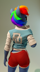 Size: 1080x1920 | Tagged: safe, artist:melvelvin, imported from derpibooru, rainbow dash, anthro, unguligrade anthro, 3d, ass, blender, butt, clothes, female, gym shorts, jacket, multicolored mane, no tail, rainbutt dash, shorts, side slit, solo, sweater, varsity jacket, wingless, wingless anthro