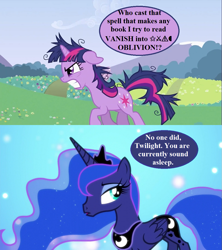 Size: 993x1118 | Tagged: safe, edit, edited screencap, imported from derpibooru, screencap, princess luna, twilight sparkle, unicorn, bloom and gloom, lesson zero, season 2, season 5, bookhorse, censored vulgarity, crown, dialogue, disheveled, flower, grawlixes, jewelry, messy mane, nightmare, peytral, regalia, speech bubble, twilight snapple, unicorn twilight