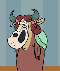 Size: 1096x1300 | Tagged: safe, artist:velgarn, imported from derpibooru, yona, yak, big nose, blursed image, bow, bowtie, cloven hooves, cow (character), cow and chicken, cursed image, female, funny, funny as hell, hair bow, parody, smiling, solo, style emulation, wat