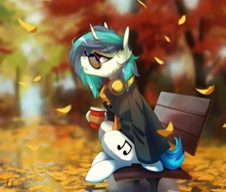 Size: 1692x1440 | Tagged: safe, artist:anticular, imported from derpibooru, dj pon-3, vinyl scratch, pony, unicorn, autumn, bench, blurred background, blurry background, clothes, coffee, coffee cup, cup, featured image, female, glasses, headphones, horn, jacket, leaves, lidded eyes, park bench, red eyes, scenery, scenery porn, sitting, solo