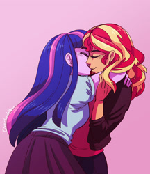 Size: 2700x3118 | Tagged: safe, artist:overlordneon, imported from derpibooru, sunset shimmer, twilight sparkle, human, equestria girls, clothes, duo, eyes closed, female, high res, jacket, kiss on the lips, kissing, lesbian, long skirt, pants, shipping, skirt, sunsetsparkle