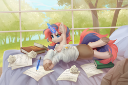 Size: 1349x900 | Tagged: safe, artist:margony, imported from derpibooru, oc, oc only, oc:lulu launay, pony, unicorn, bed, bedroom, book, clothes, indoors, levitation, magic, paper, solo, telekinesis, tree, unshorn fetlocks, window, writing