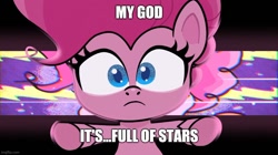 Size: 888x499 | Tagged: safe, edit, edited screencap, imported from derpibooru, screencap, pinkie pie, earth pony, pony, my little pony: pony life, 2001: a space odyssey, caption, female, g4.5, image macro, looking at you, mare, meme, quote, solo, text, the great collide