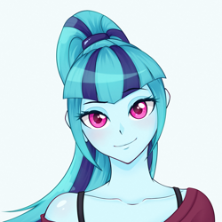 Size: 1351x1351 | Tagged: safe, alternate version, artist:nathayro37, artist:ravenirik, imported from derpibooru, sonata dusk, equestria girls, blushing, bust, clothes, cute, female, looking at you, off shoulder, simple background, smiling, solo, sonatabetes, white background